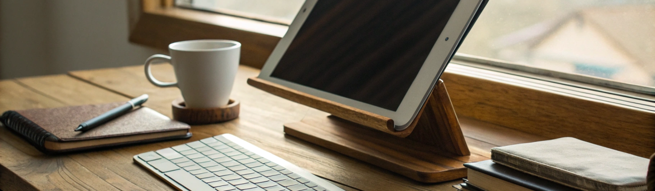 Домашний рабочий уголок с планшетом: подставка, клавиатура и облако