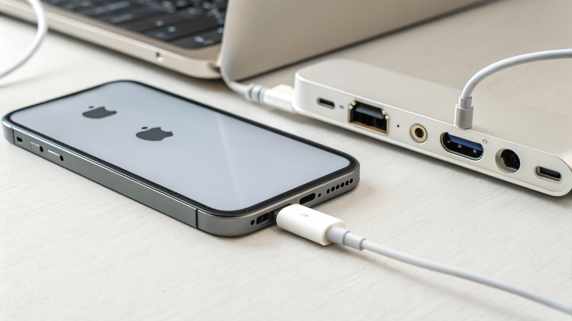 iPhone с USB‑C‑хабом, Ethernet и аудиоинтерфейсом на столе