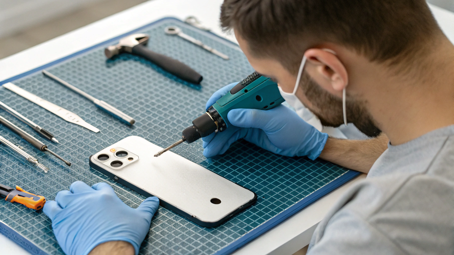 Замена задней крышки iPhone 14 на антистатическом коврике в мастерской