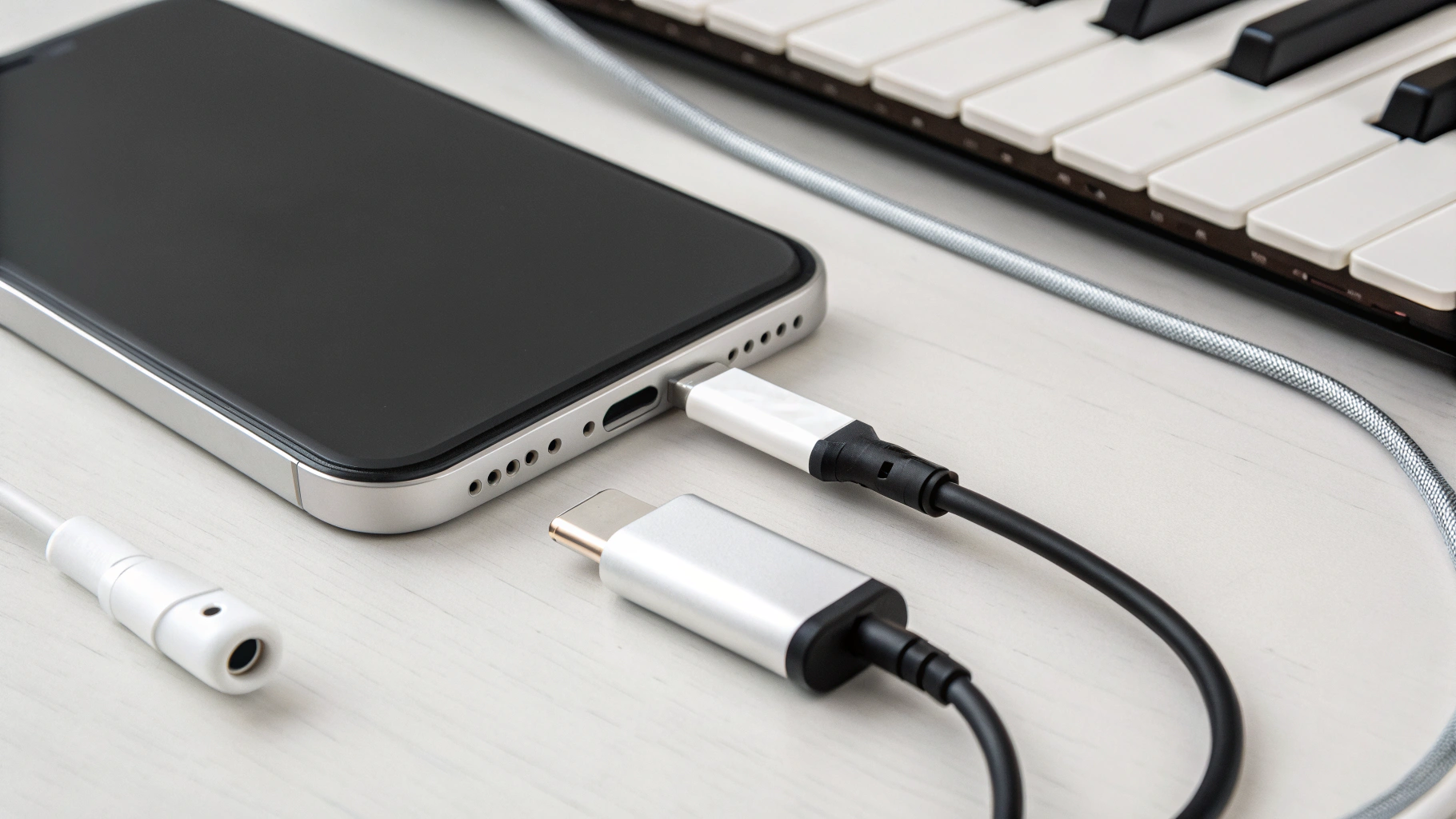 Портативный USB‑C ЦАП и адаптер USB‑C → 3,5 мм рядом с iPhone