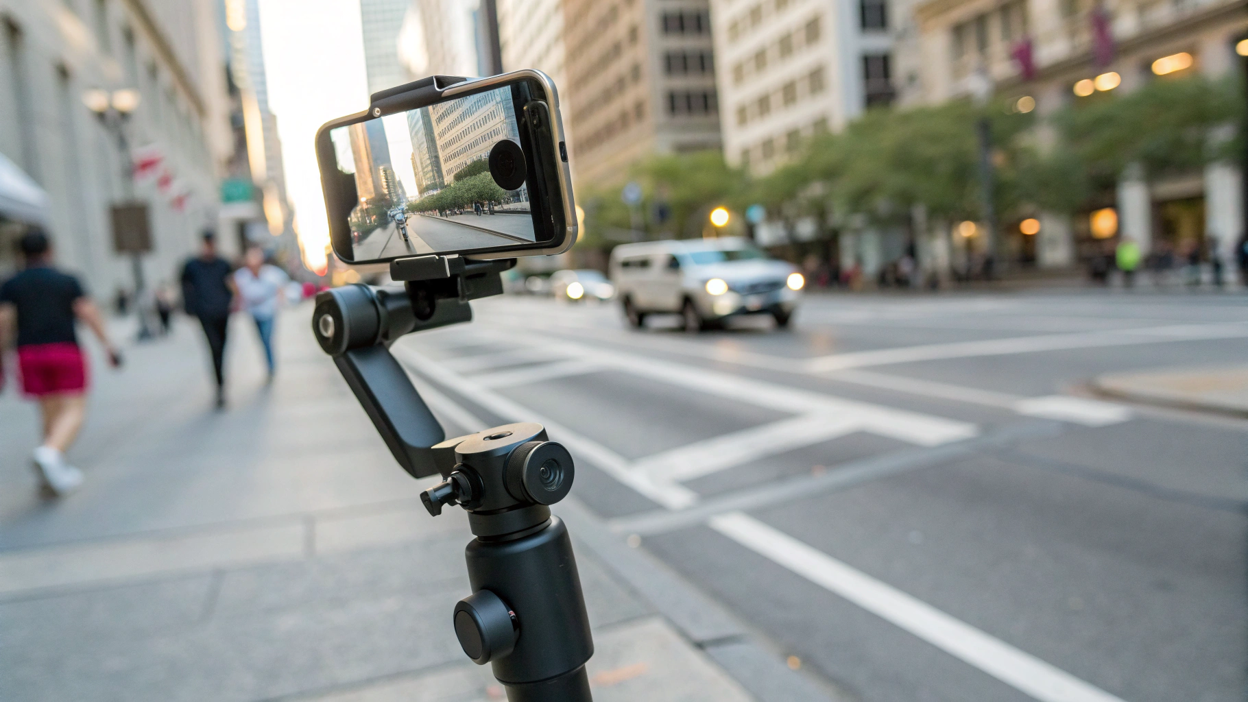 Крупный план iPhone 16 Pro на трёхосевом стабилизаторе на городской улице