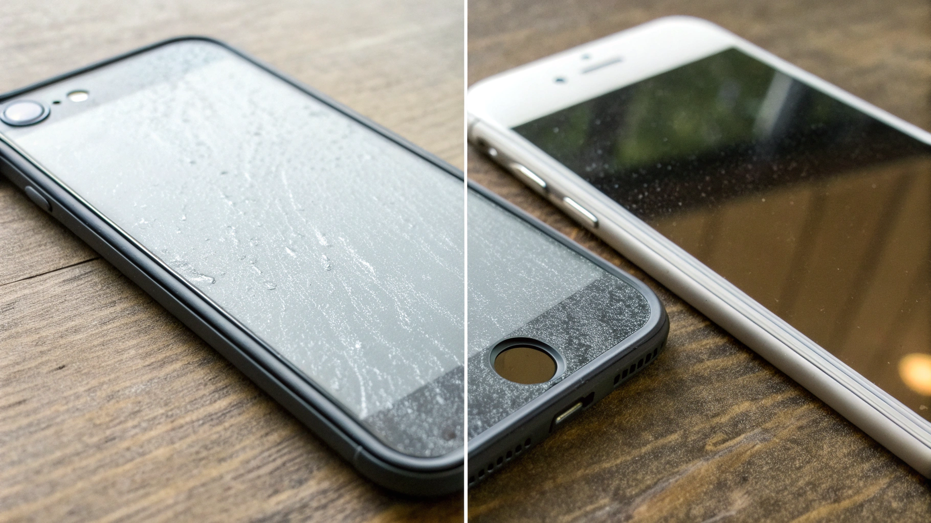 Сравнение матового антиблика и глянцевой защиты на экране iPhone крупным планом