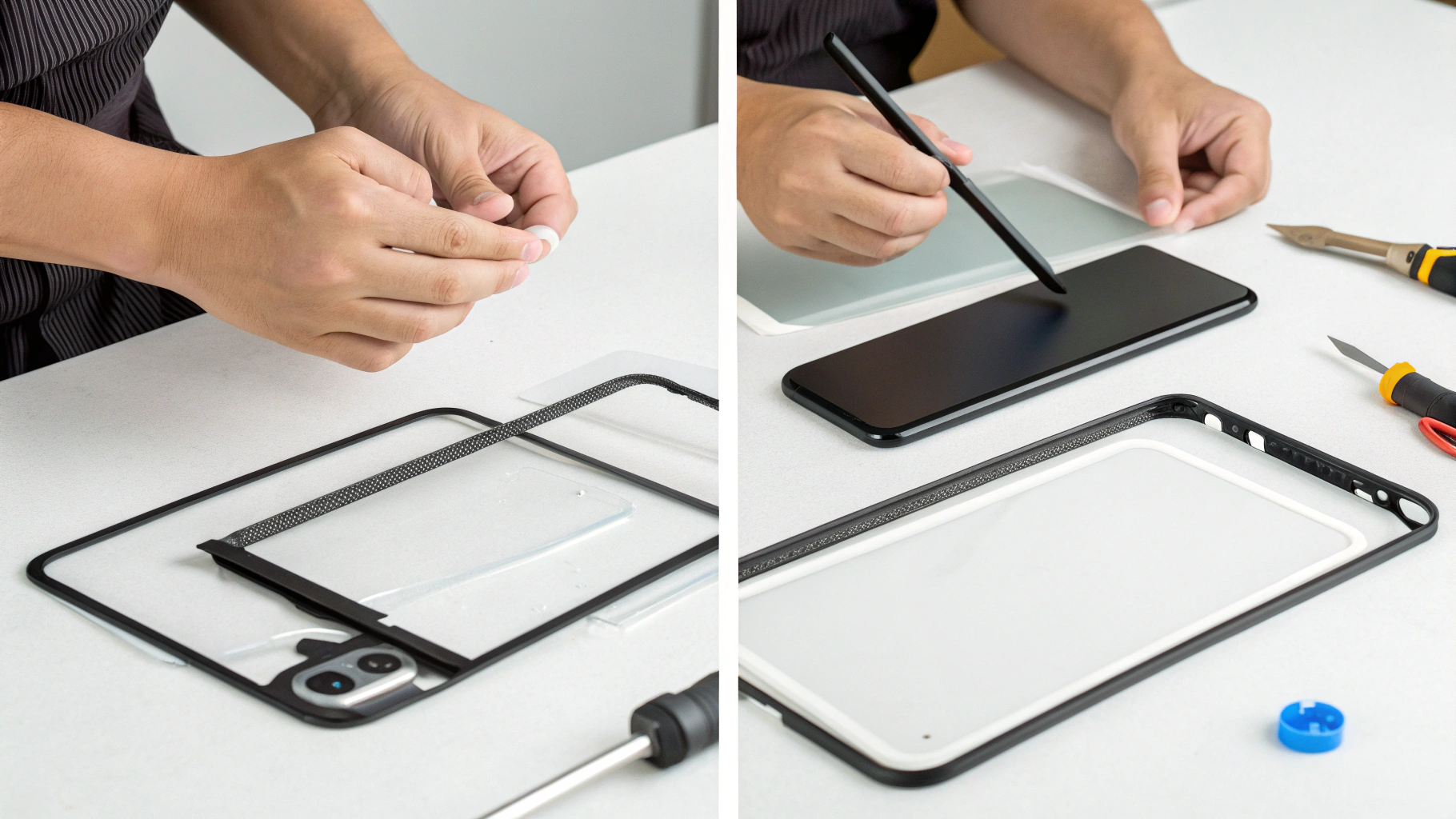 Домашняя поклейка защитного стекла: рамка для позиционирования, стикеры от пыли и микрофибра