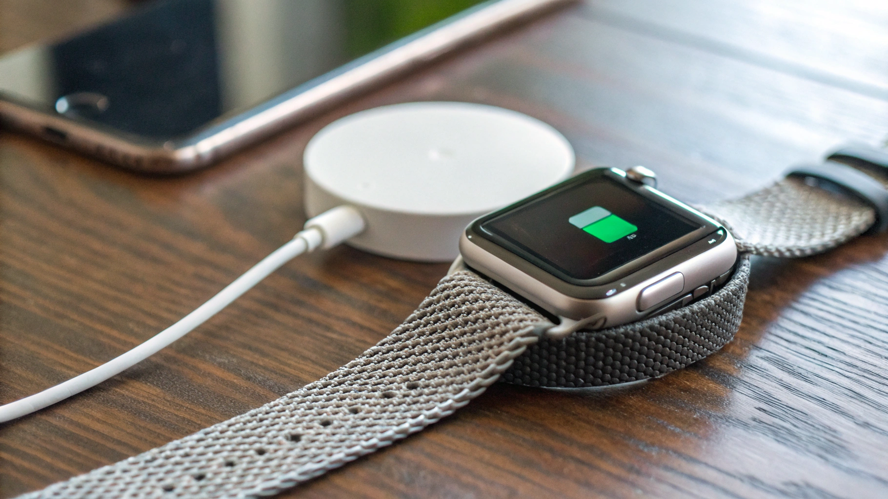 Экран Apple Watch с предупреждением об обслуживании батареи и магнитной зарядкой