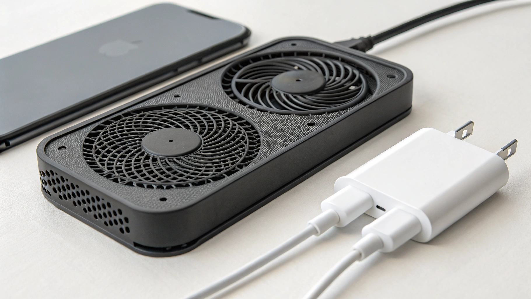Охлаждение 3‑в‑1 зарядки: вентиляционные прорези, вентилятор и блок питания
