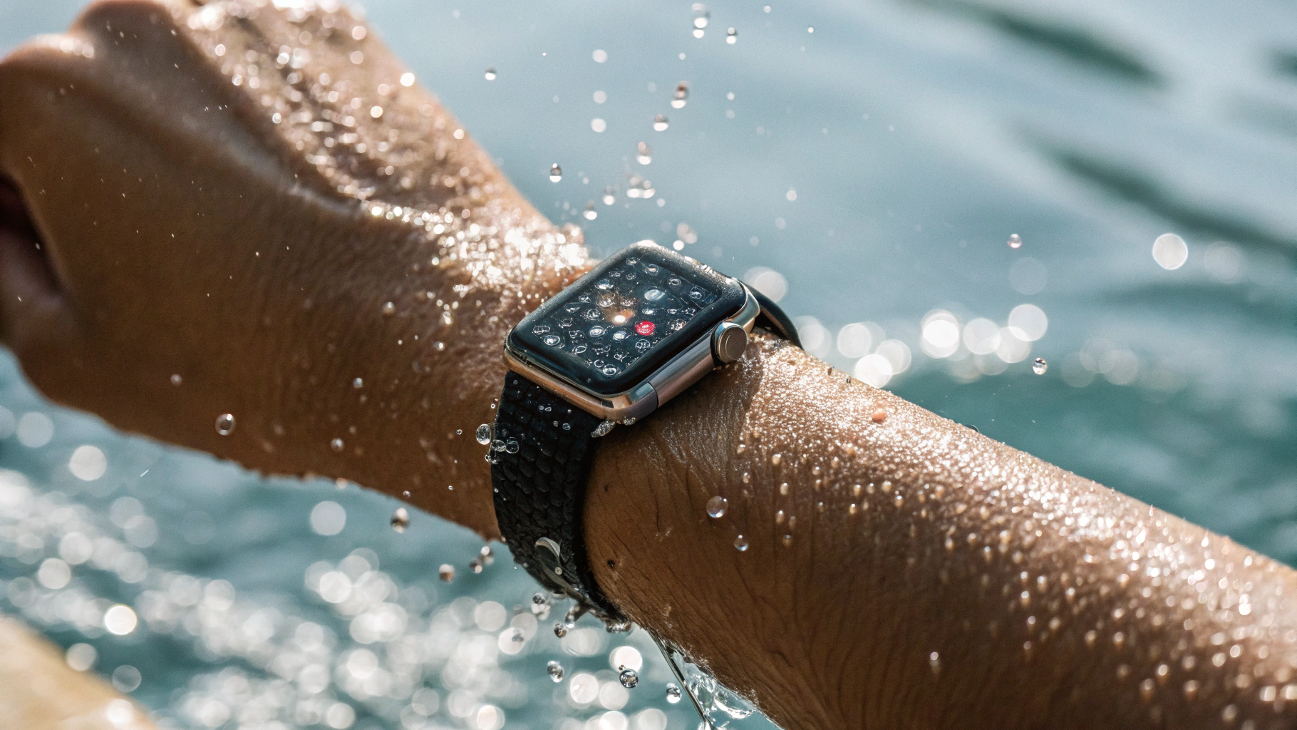 Apple Watch на запястье пловца над водой, крупный план корпуса и капель