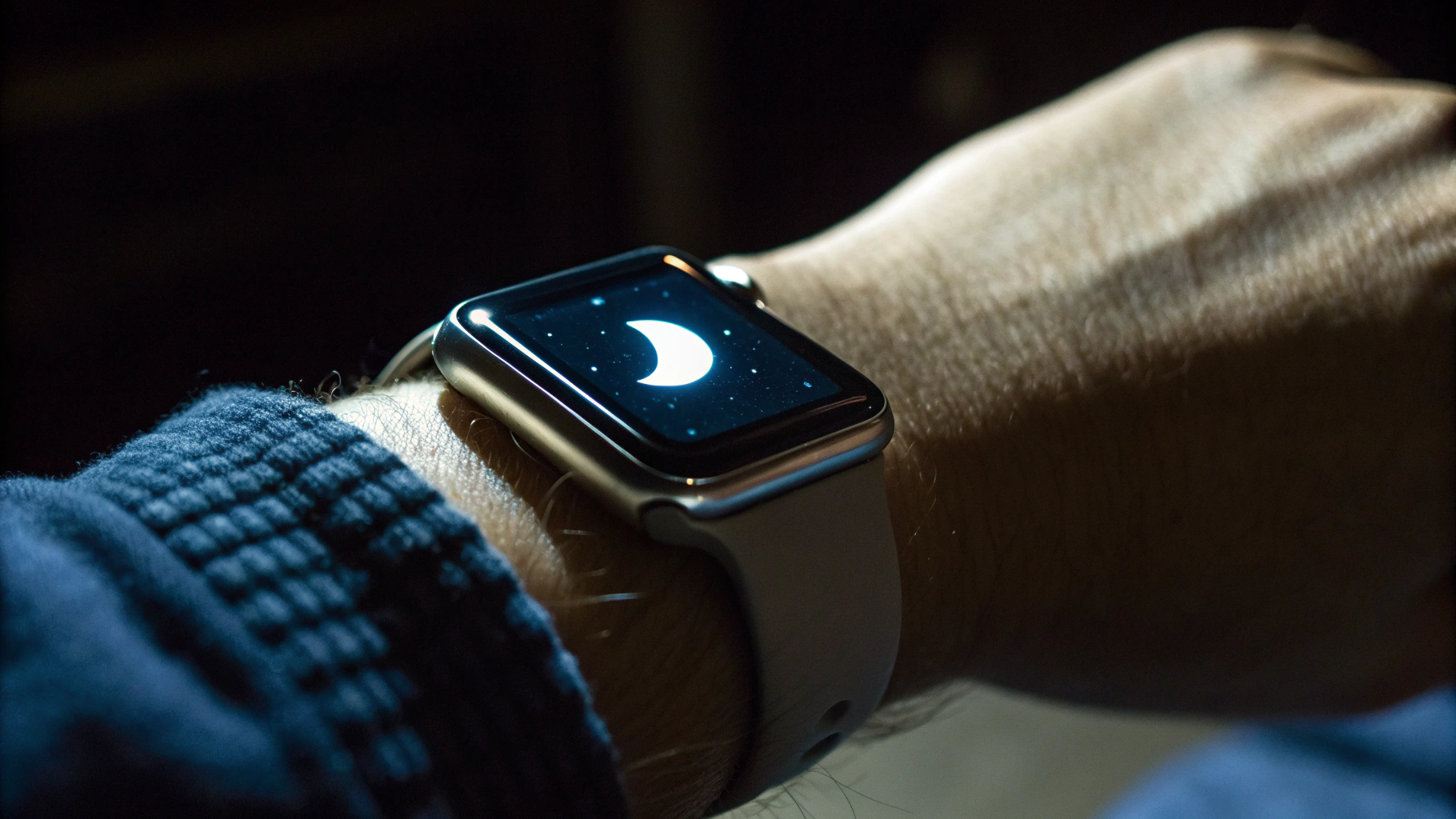 Крупный план Apple Watch на руке ночью с экраном сна