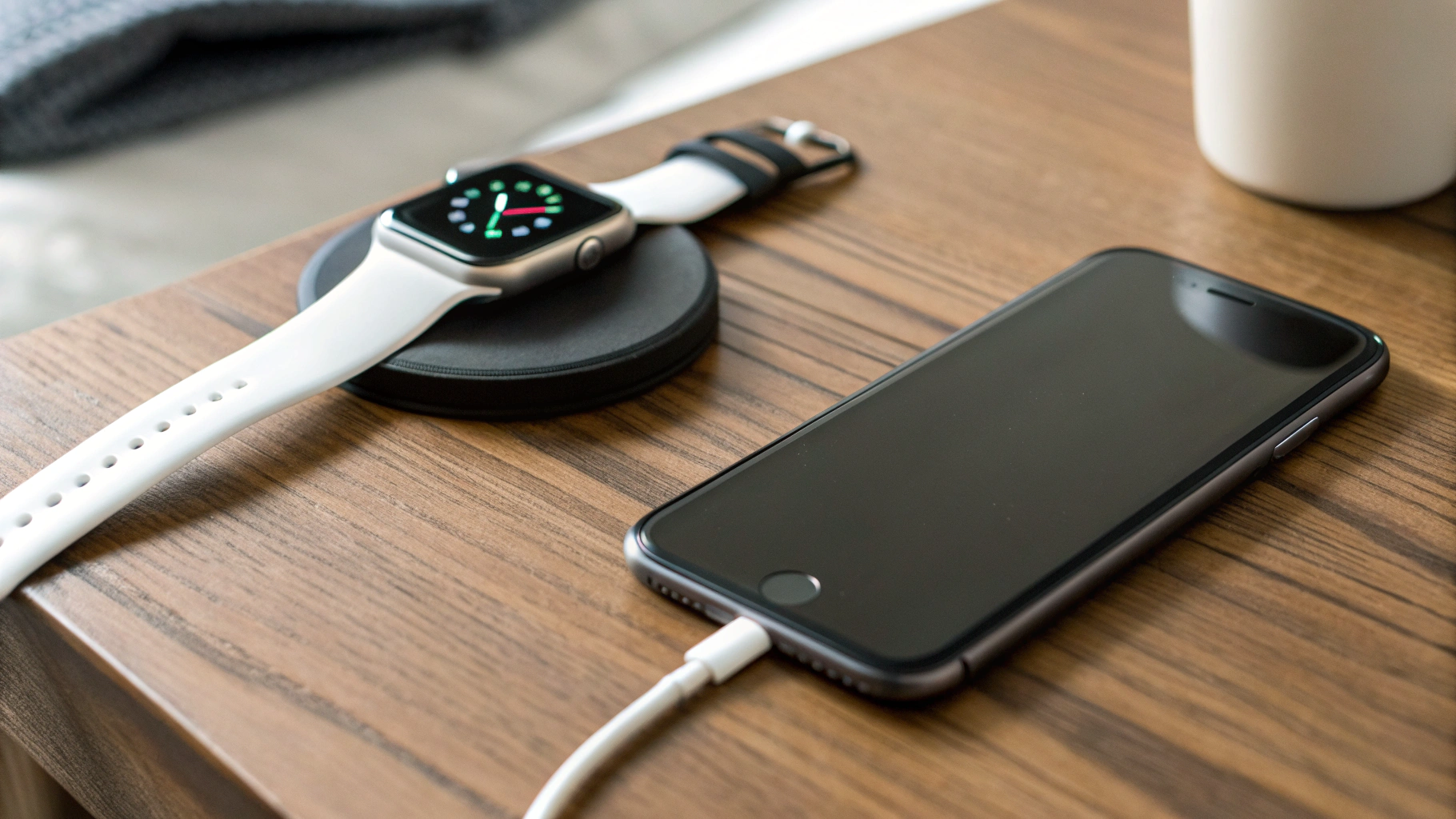 Быстрая зарядка Apple Watch утром на магнитной подставке рядом с iPhone
