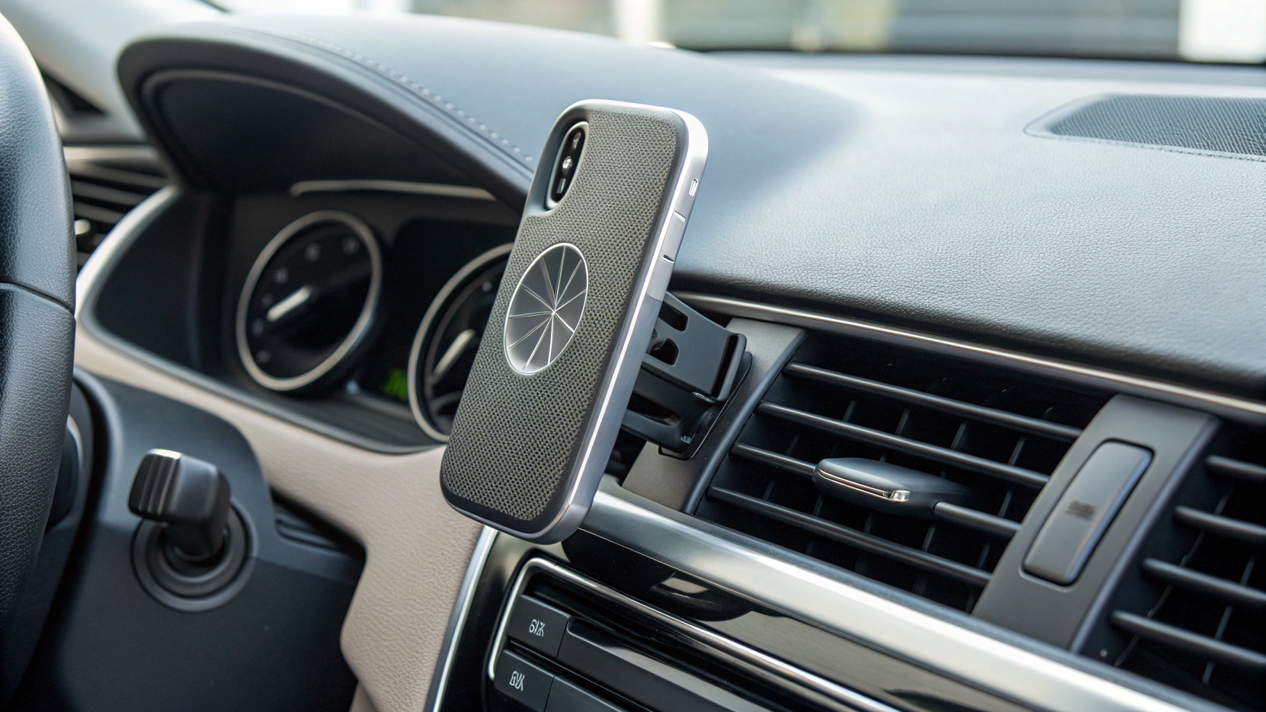 Магнитный держатель Qi2 на дефлекторе с алюминиевым корпусом и вентиляционными прорезями