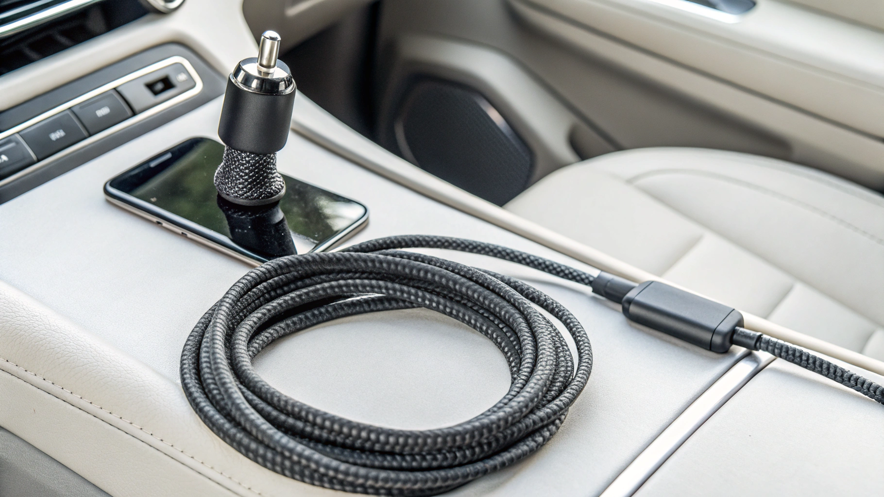 Автомобильный адаптер USB‑C PD и кабель USB‑C рядом с держателем на панели