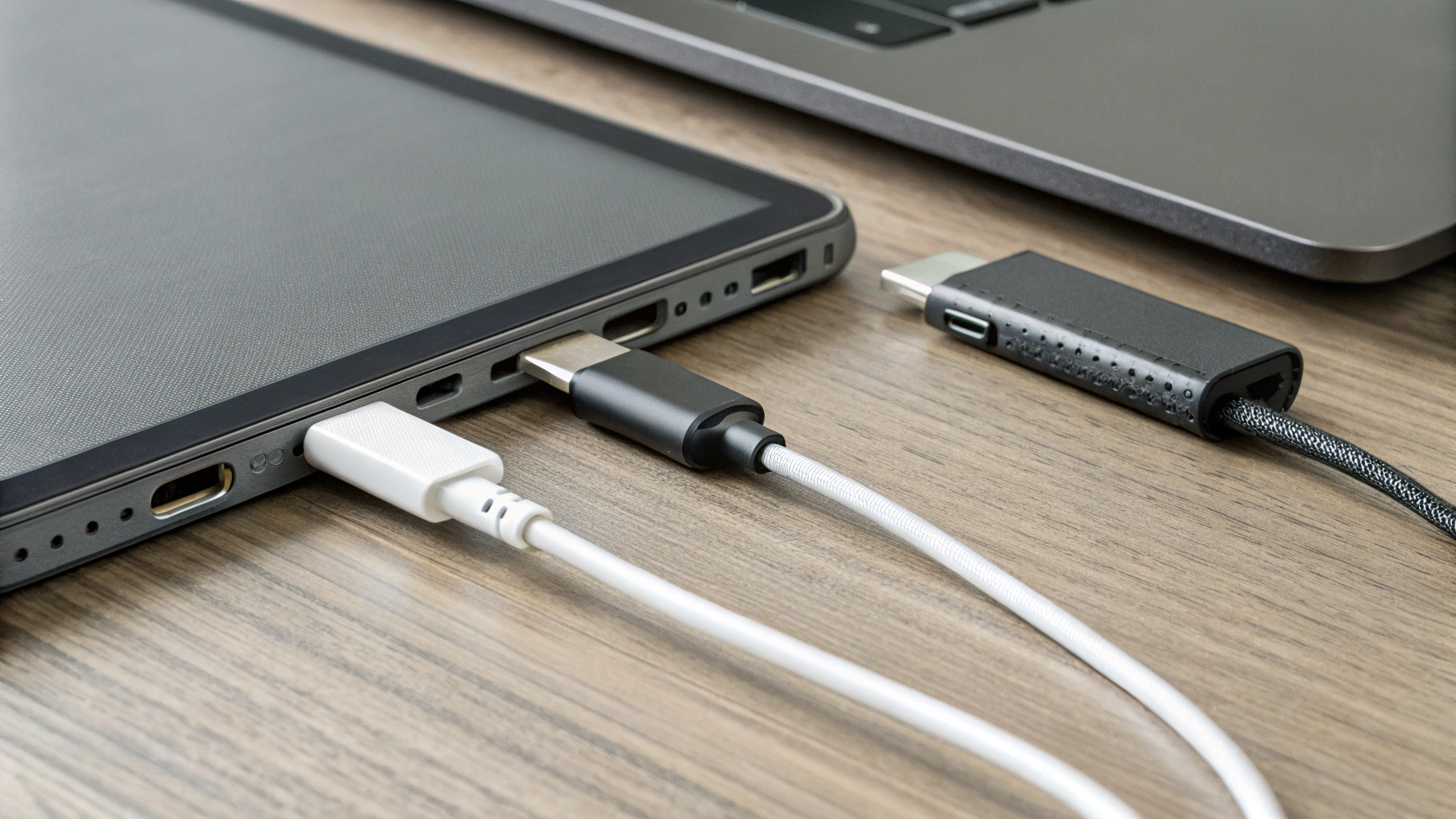 Крупный план: USB‑C‑хаб для iPad Pro M4, кабель DP и карта SD UHS‑II