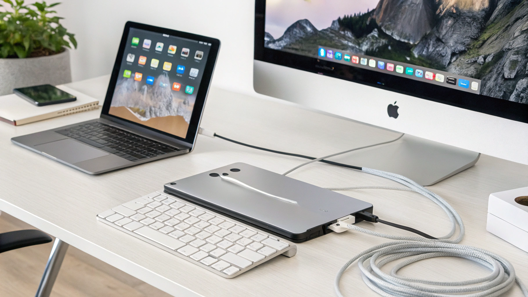 Настройка рабочего места: iPad Pro M4, Ethernet через хаб, SSD и 4K‑монитор