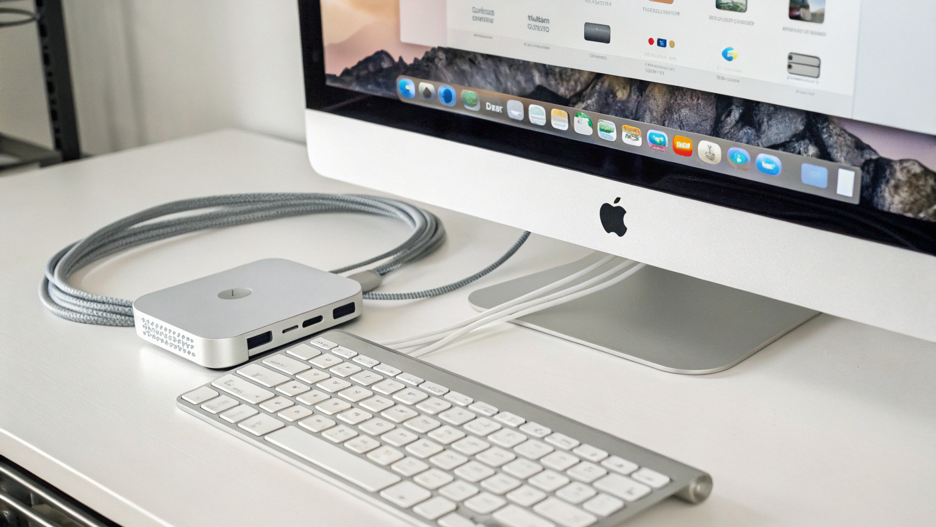 Mac mini M4 с 27″ монитором: рабочий стол macOS и аккуратные кабели