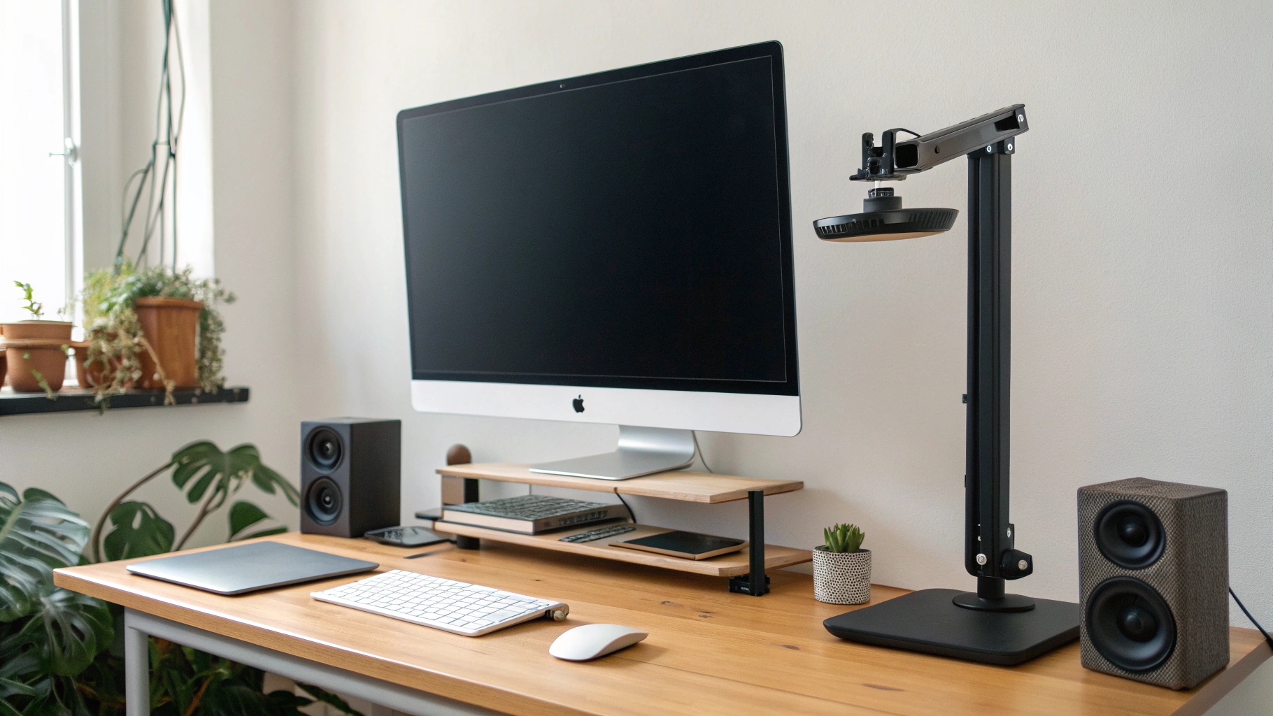 Рабочее место с VESA-рукой, веб-камерой и колонками рядом с Mac mini