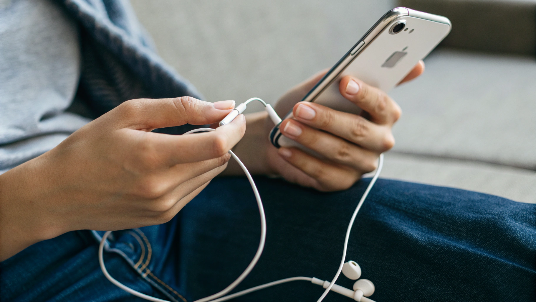 Игрок держит iPhone с Backbone One, подключены проводные наушники через 3,5 мм