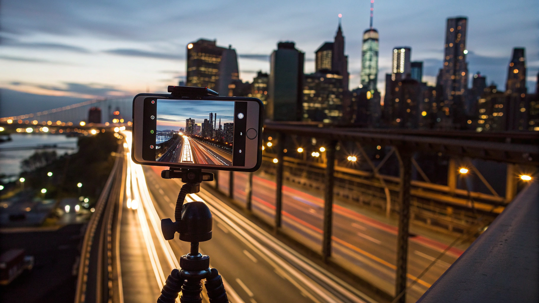 iPhone на мосту на штативе снимает световые следы ночного города