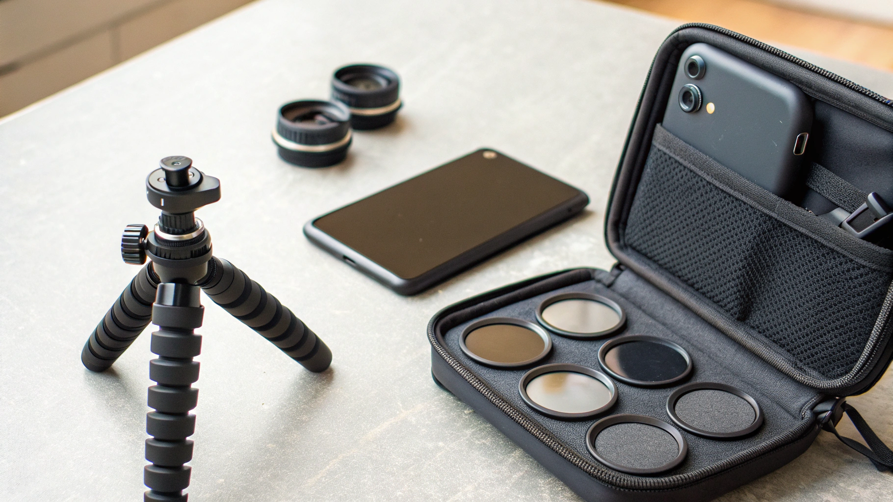 Набор ND‑фильтров, зажим для смартфона и компактный штатив на столе