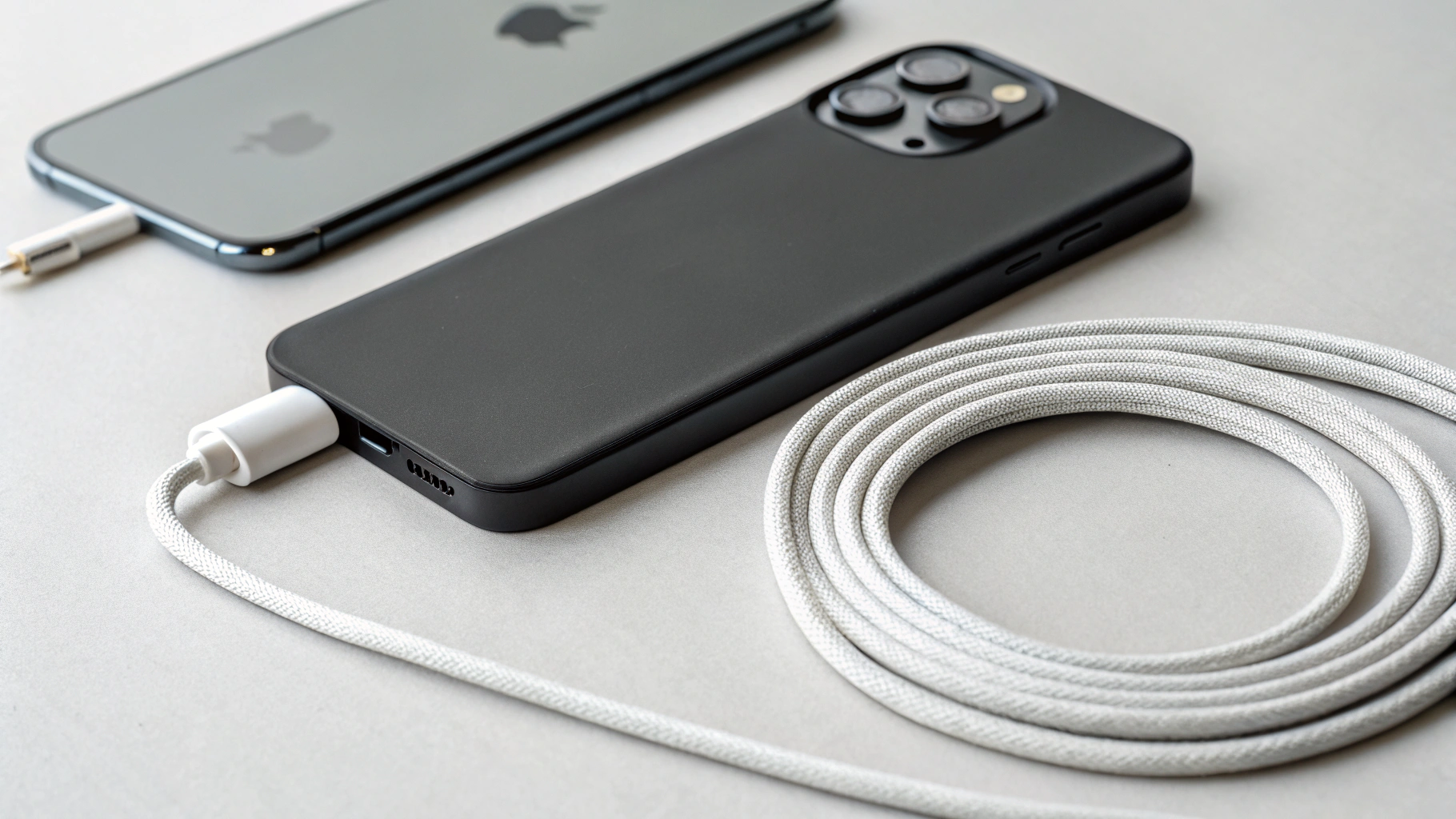 Кабель USB‑C и корпус NVMe рядом с iPhone для быстрой записи