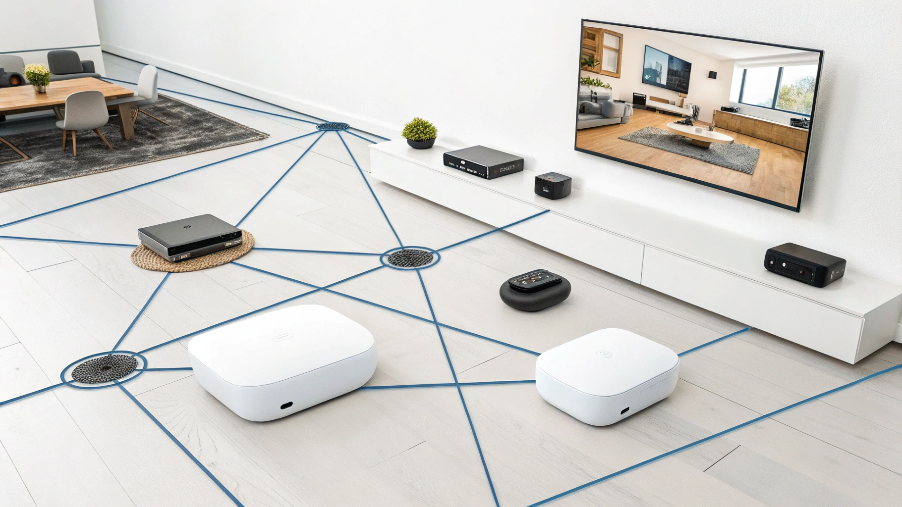 Схема Thread: Apple TV/HomePod как border router, роутеры и датчики по комнатам