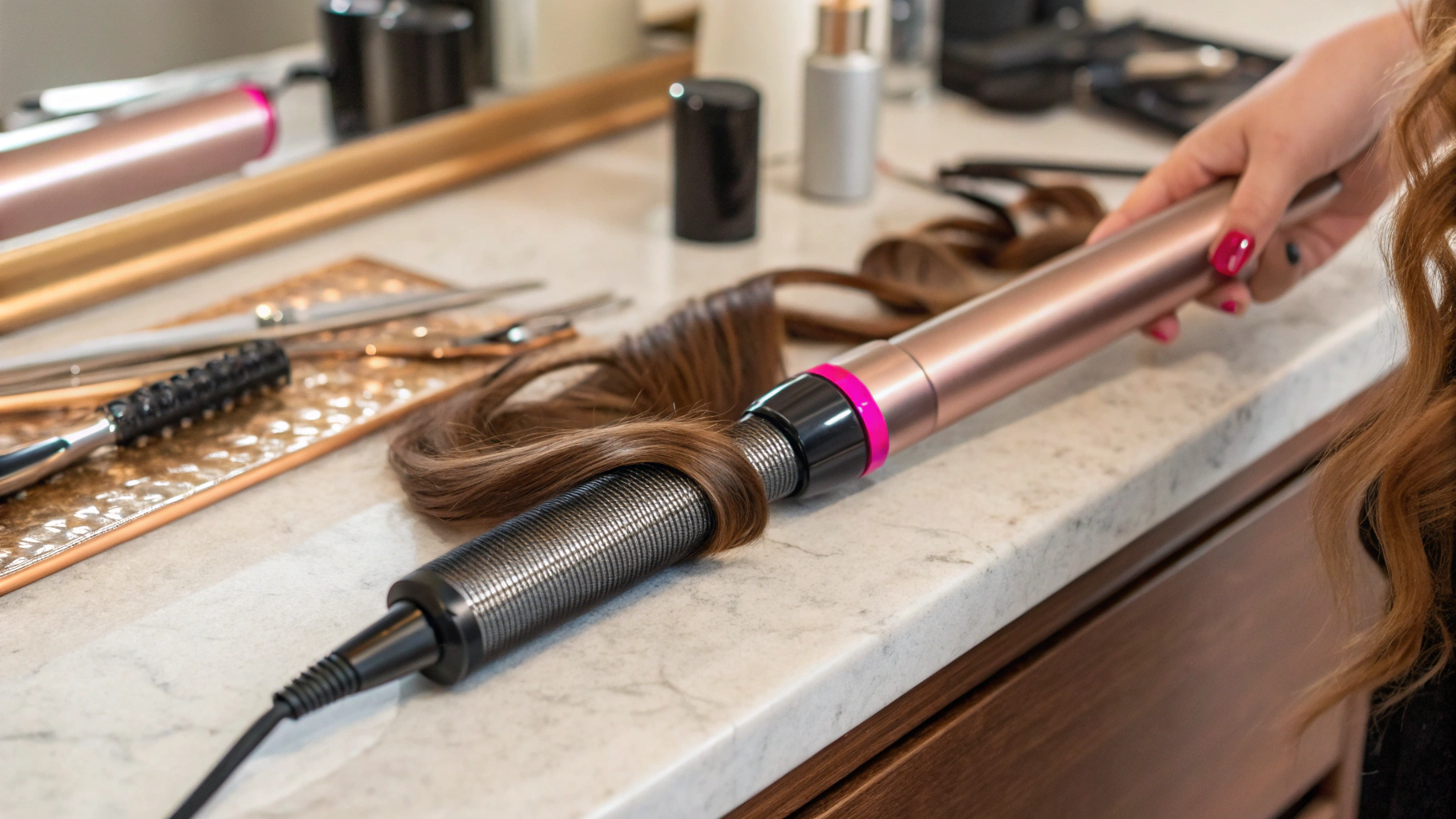 Барабан Dyson Airwrap закручивает прядь волос крупным планом