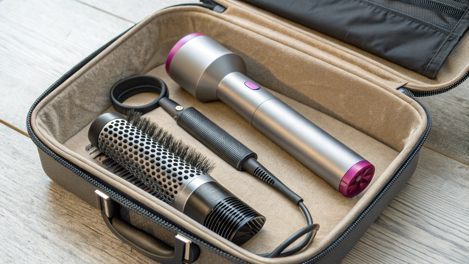 Dyson Supersonic с диффузором и Airstrait, уложенные в чемодан для поездки