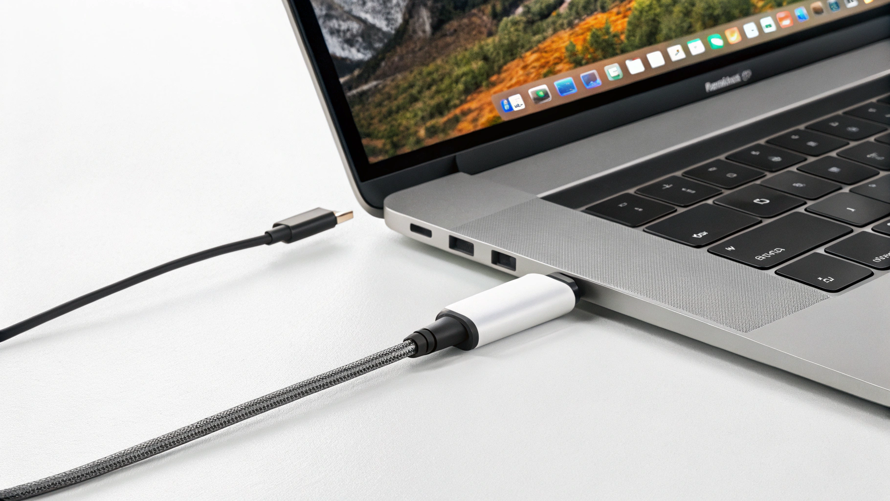 Кабель Thunderbolt 4 соединяет MacBook с монитором 6K, видна маркировка 40Gbps