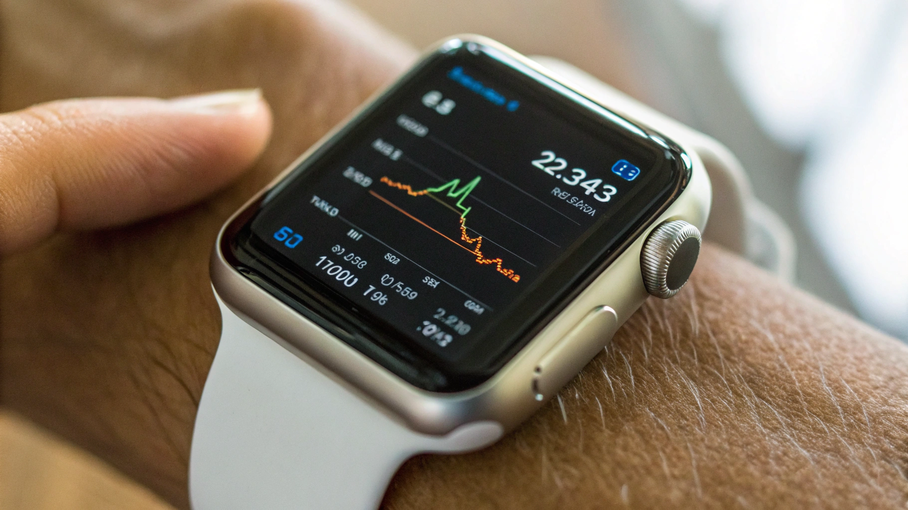 Крупный план экрана Apple Watch с мощностью бега и темпом круга на стадионе