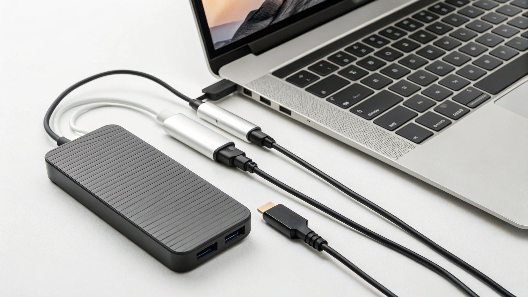 USB‑C хаб и внешний SSD рядом с MacBook для работы виртуальных машин