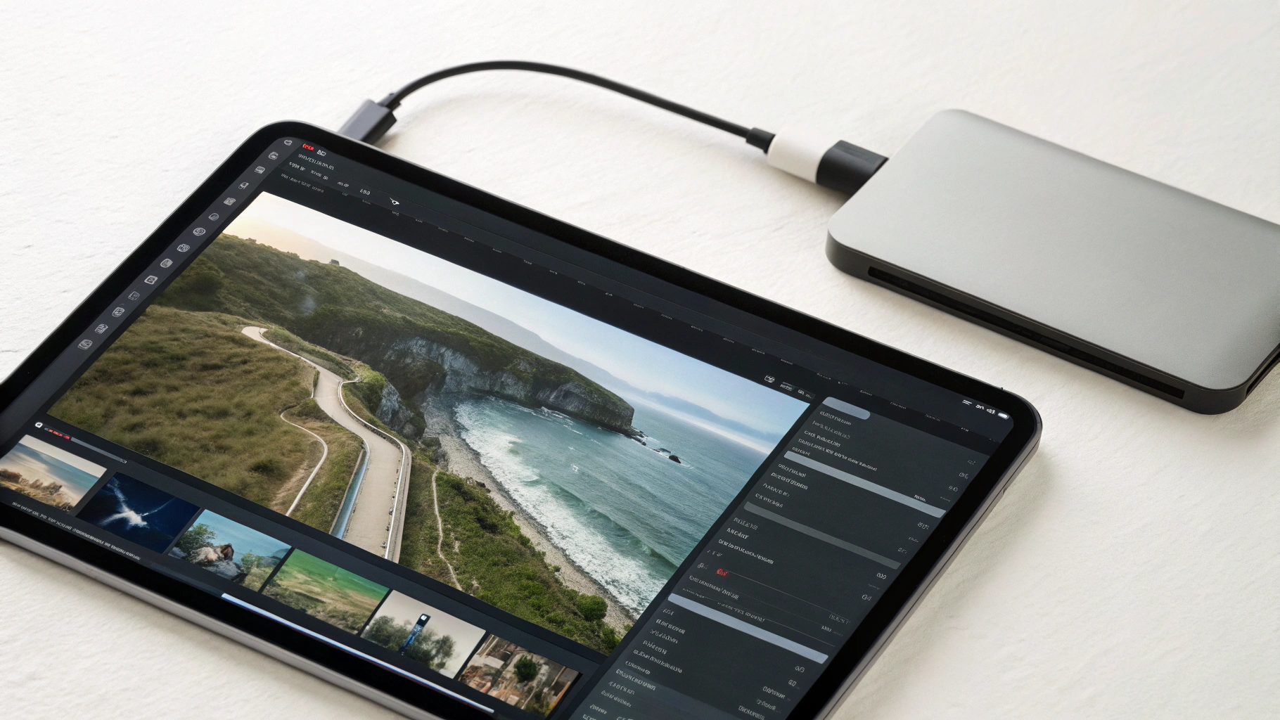 Экран iPad Pro с Final Cut Pro и панелью настроек прокси, подключен SSD