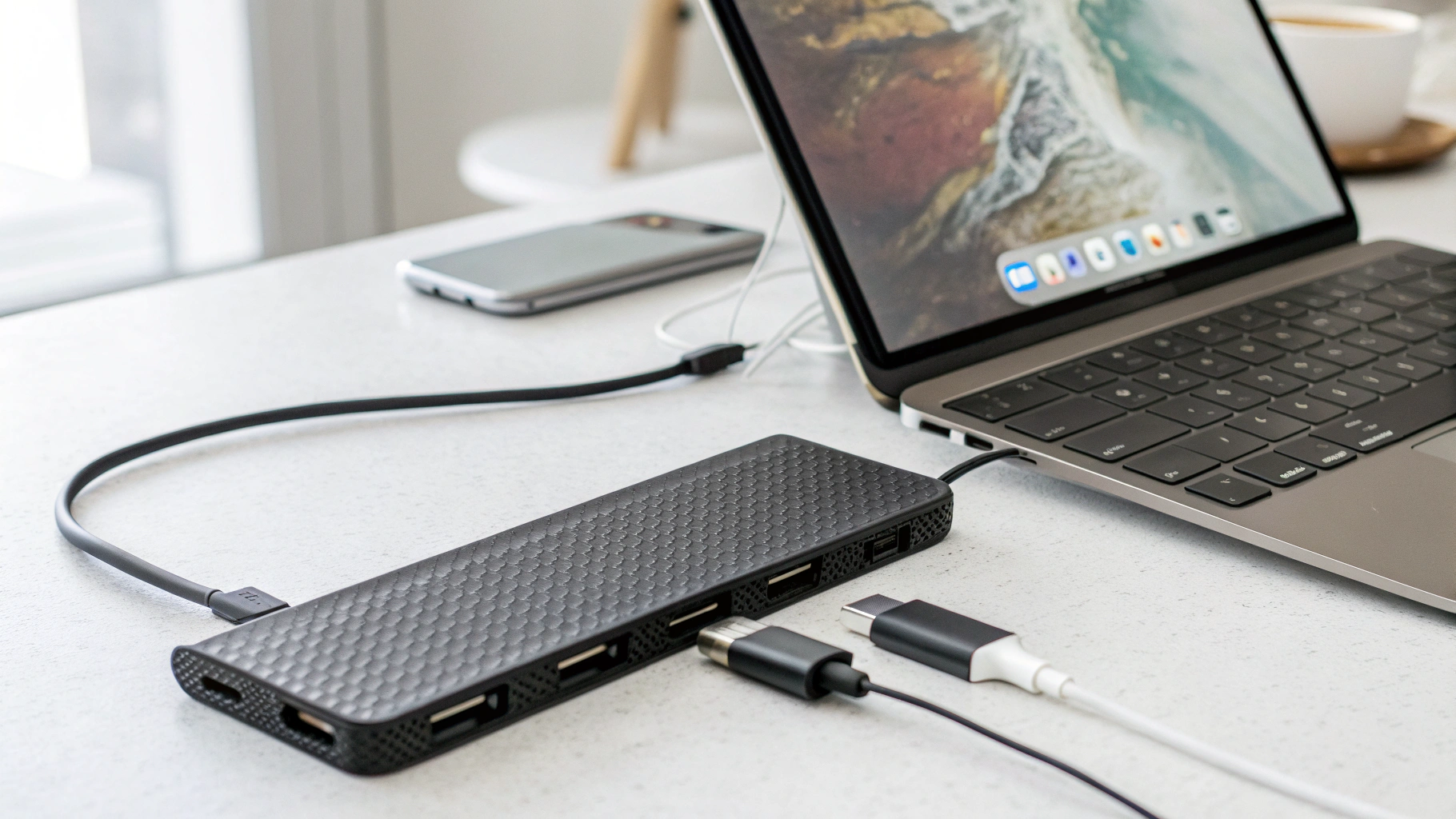 Хаб USB‑C/Thunderbolt с внешним SSD и кардридером, подключён к iPad Pro