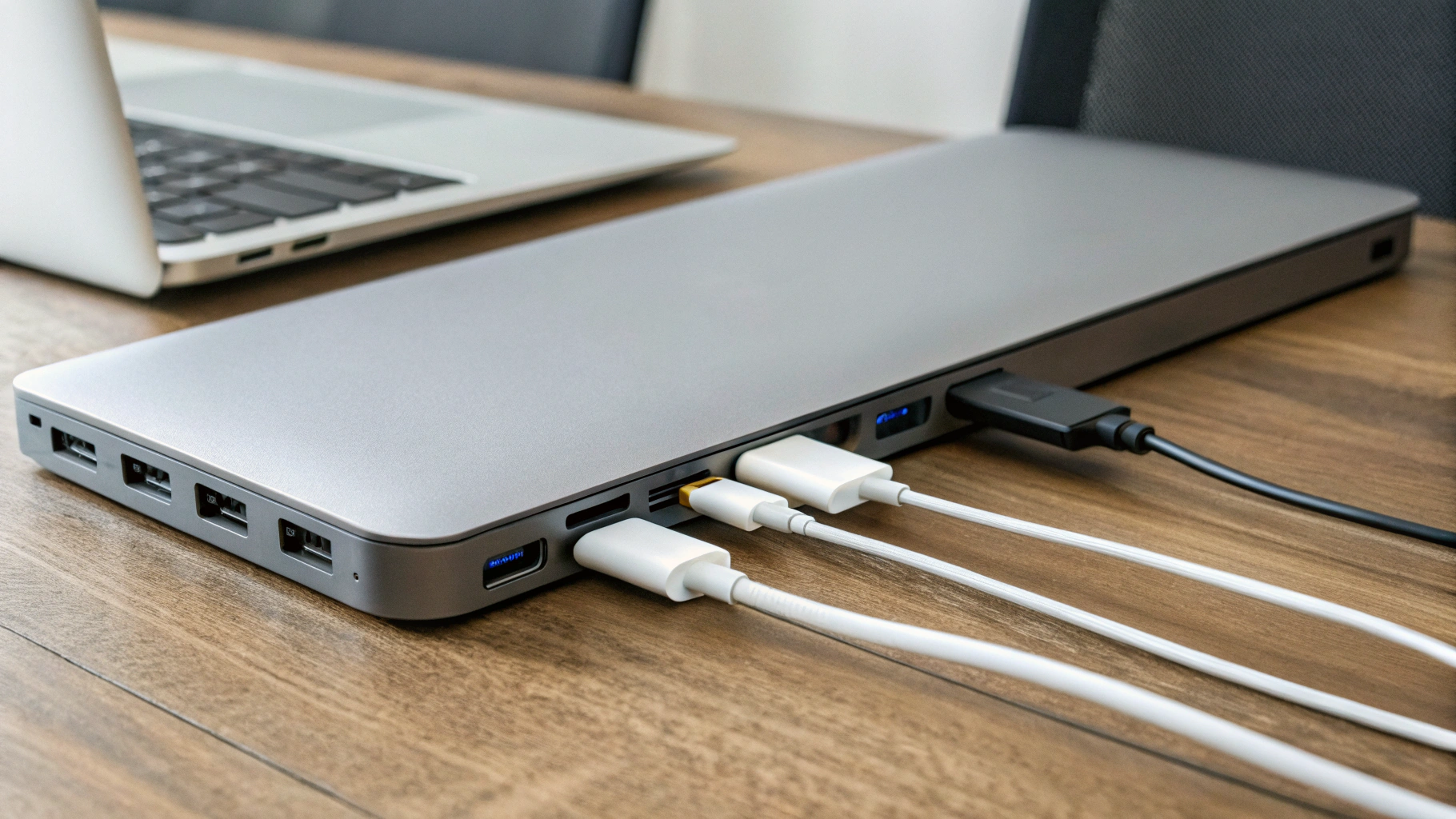 Крупный план Thunderbolt 4 док-станции с двумя видеовыходами, подключённой к MacBook