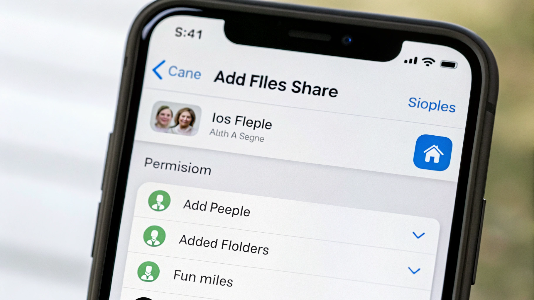 Экран iPhone: «Файлы» → «Поделиться» → «Добавить людей» и права доступа