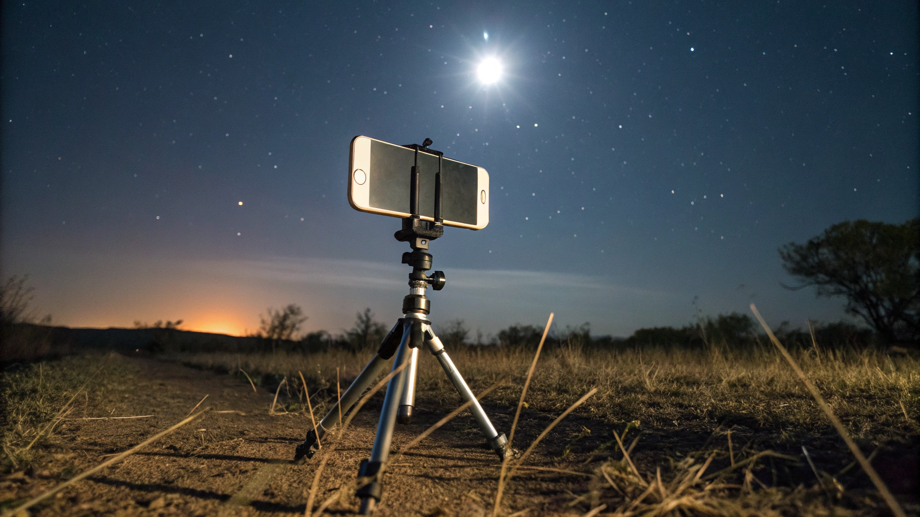 iPhone на компактном штативе с MagSafe-креплением ночью