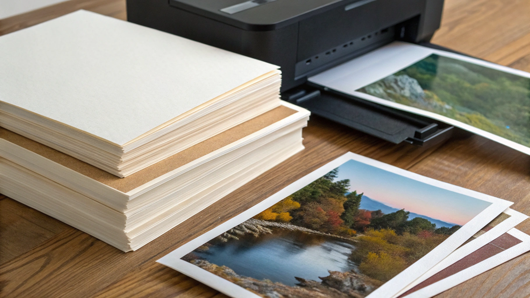 Разные типы фотобумаги рядом с принтером: глянец, люстр, матовая, fine art, с указанием плотности