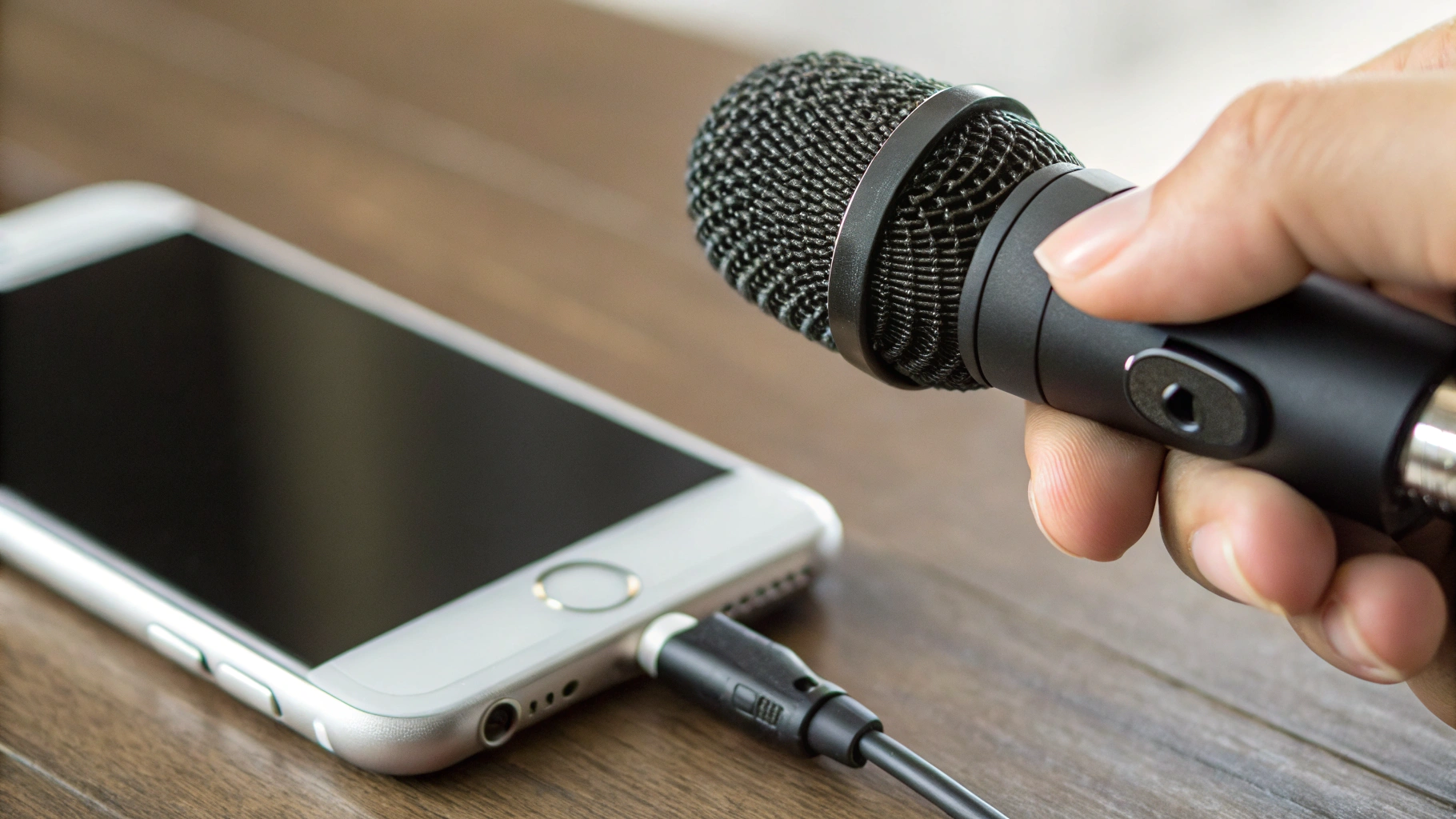 Крупный план USB‑C микрофона с выходом на наушники и регулятором гейна, подключённого к iPhone