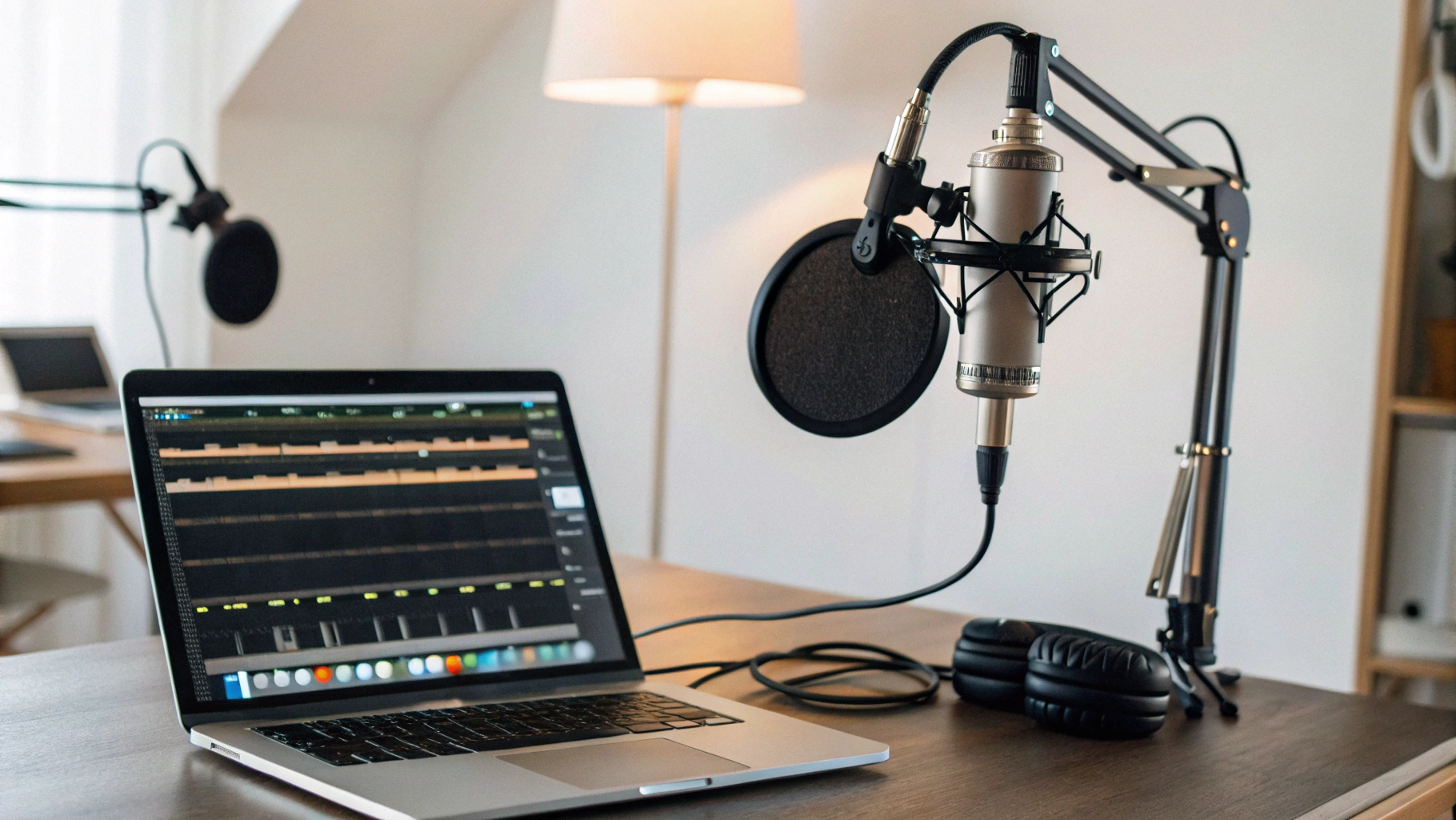 Настройка для беседы: два XLR‑микрофона, 2‑канальный интерфейс и GarageBand на MacBook