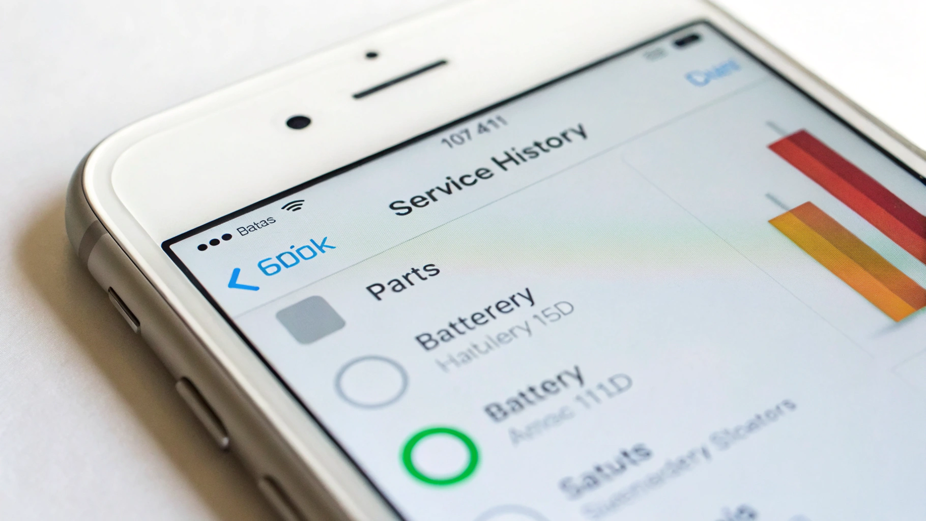 Раздел «Детали и история сервиса» с указанием статуса дисплея и батареи