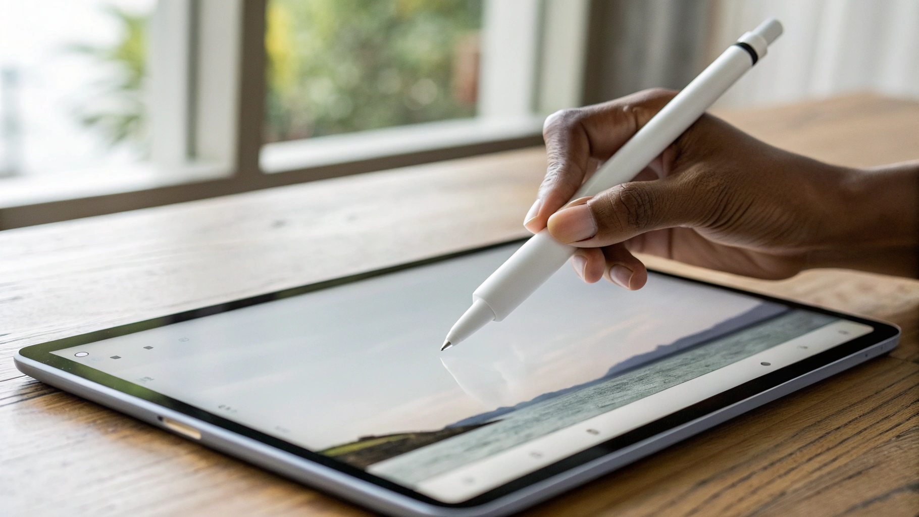 Крупный план hover Apple Pencil Pro над iPad Pro M4