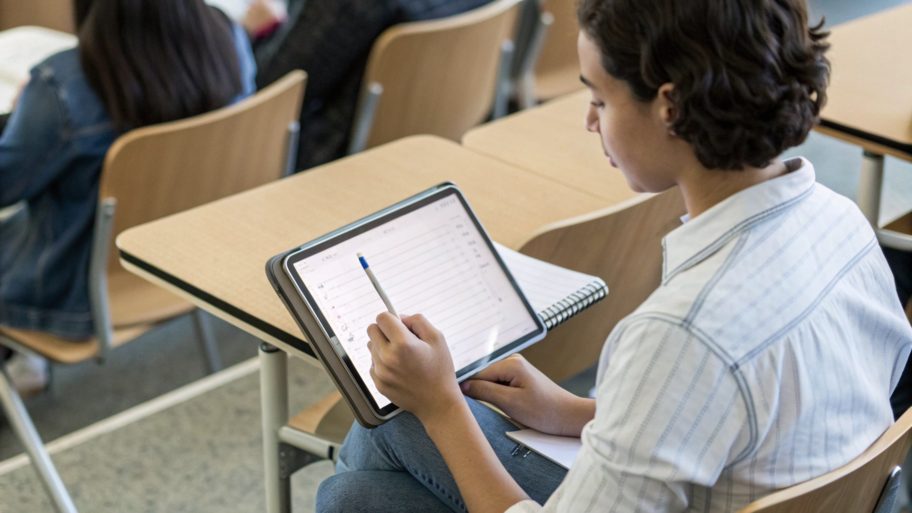 Студент с iPad Air M2 11" на лекции, рукописные конспекты