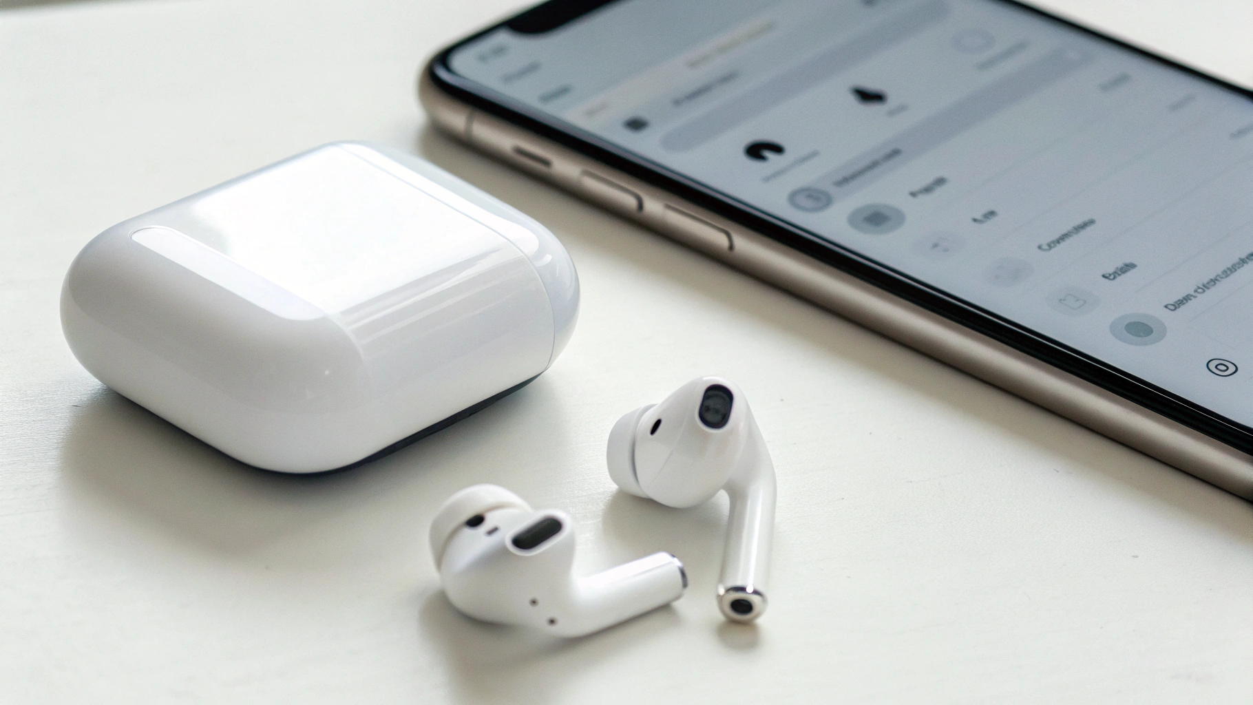 AirPods Pro рядом с iPhone с запущенной проверкой прилегания амбушюр