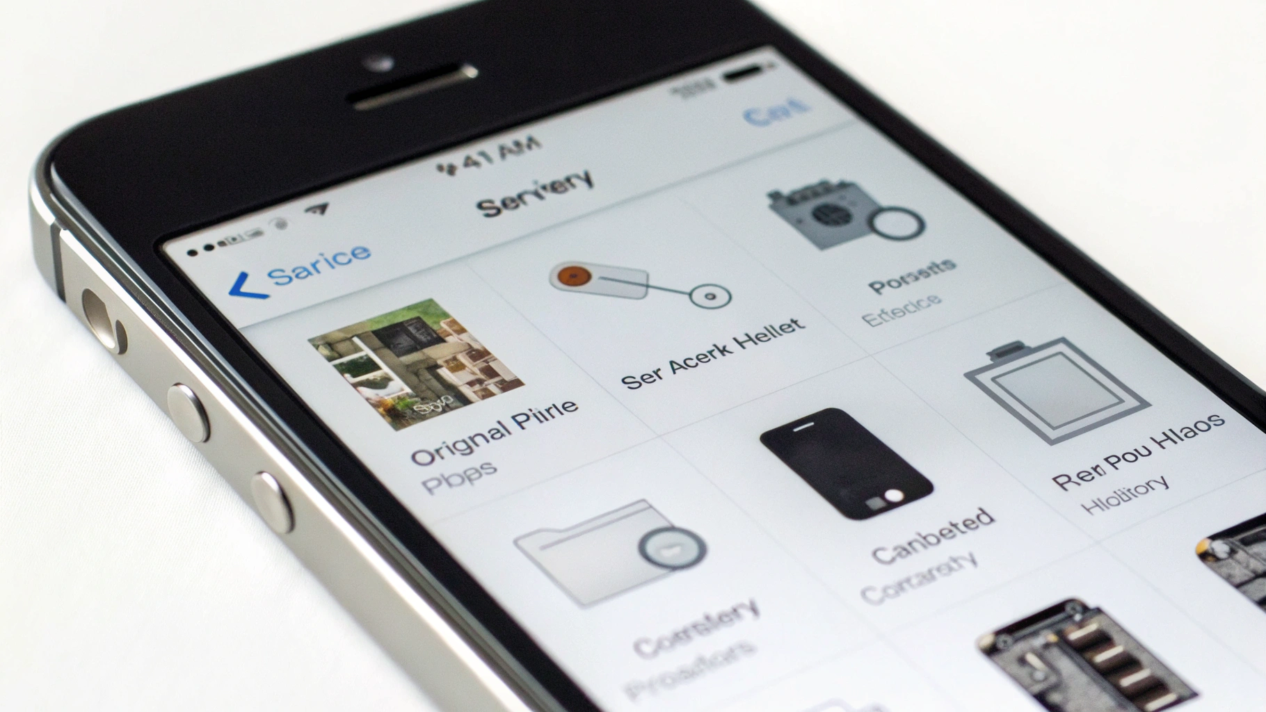 Экран iOS «История деталей и сервисов» с отметками об оригинальности компонентов