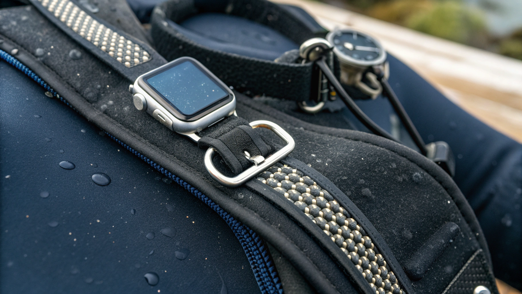 Apple Watch Ultra на рукаве гидрокостюма с ремешком Ocean Band и удлинителем, зафиксированы к D‑рингу