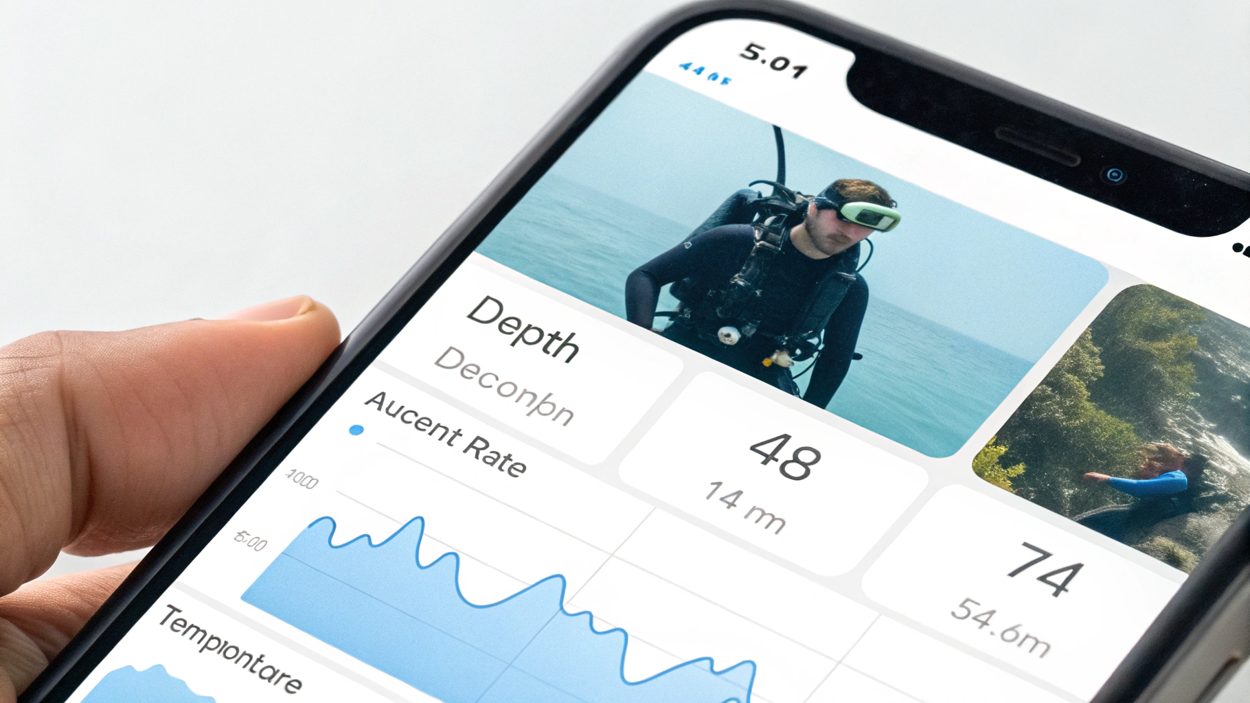 Экран Oceanic+ с глубиной, NDL, скоростью всплытия и температурой во время рекреационного погружения