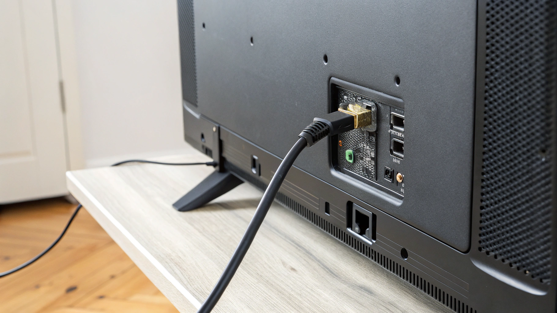 Порт HDMI eARC на телевизоре и подключённый кабель Ultra High Speed