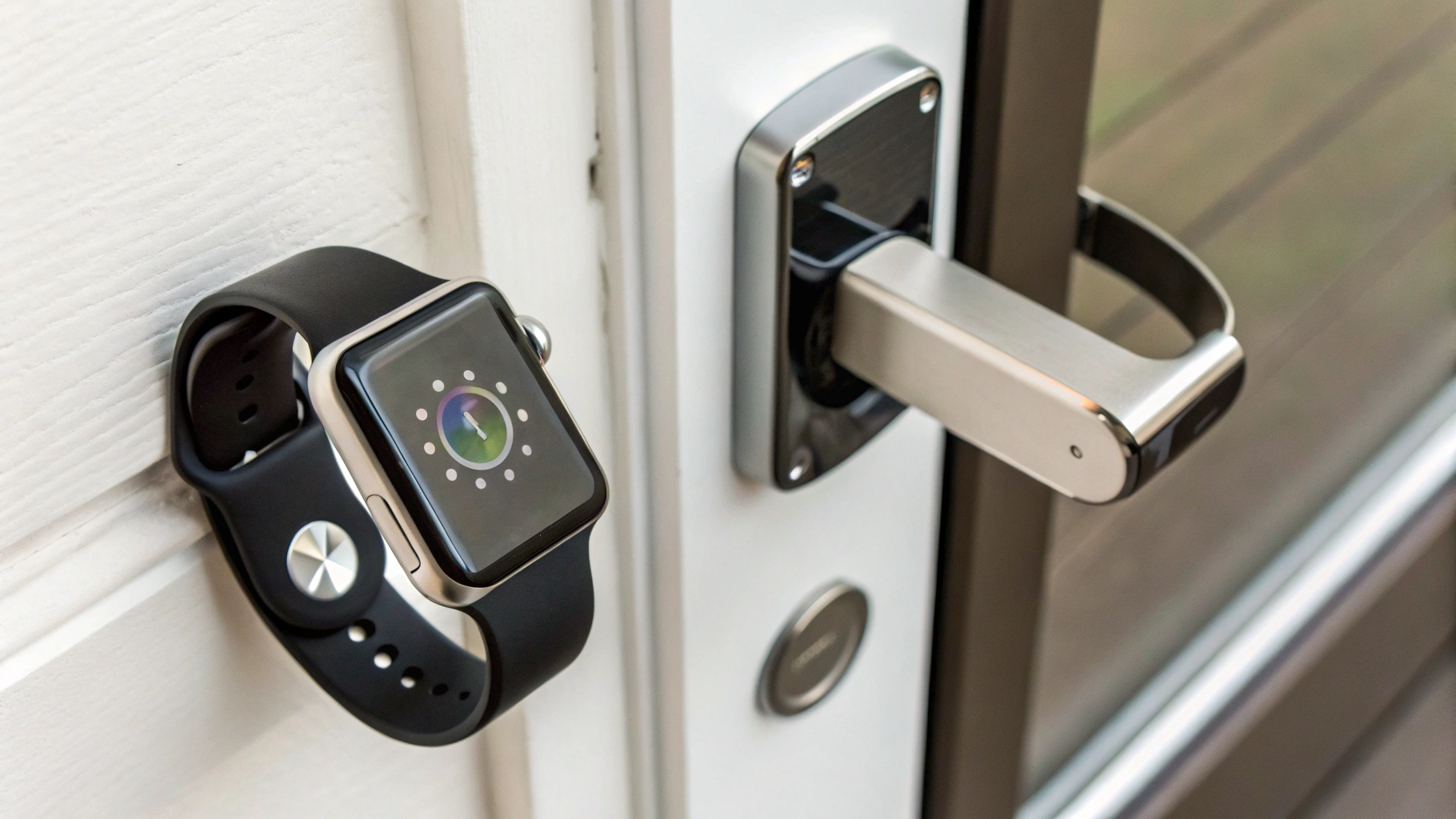Apple Watch прикладывается к считывателю умного дверного замка Home Key