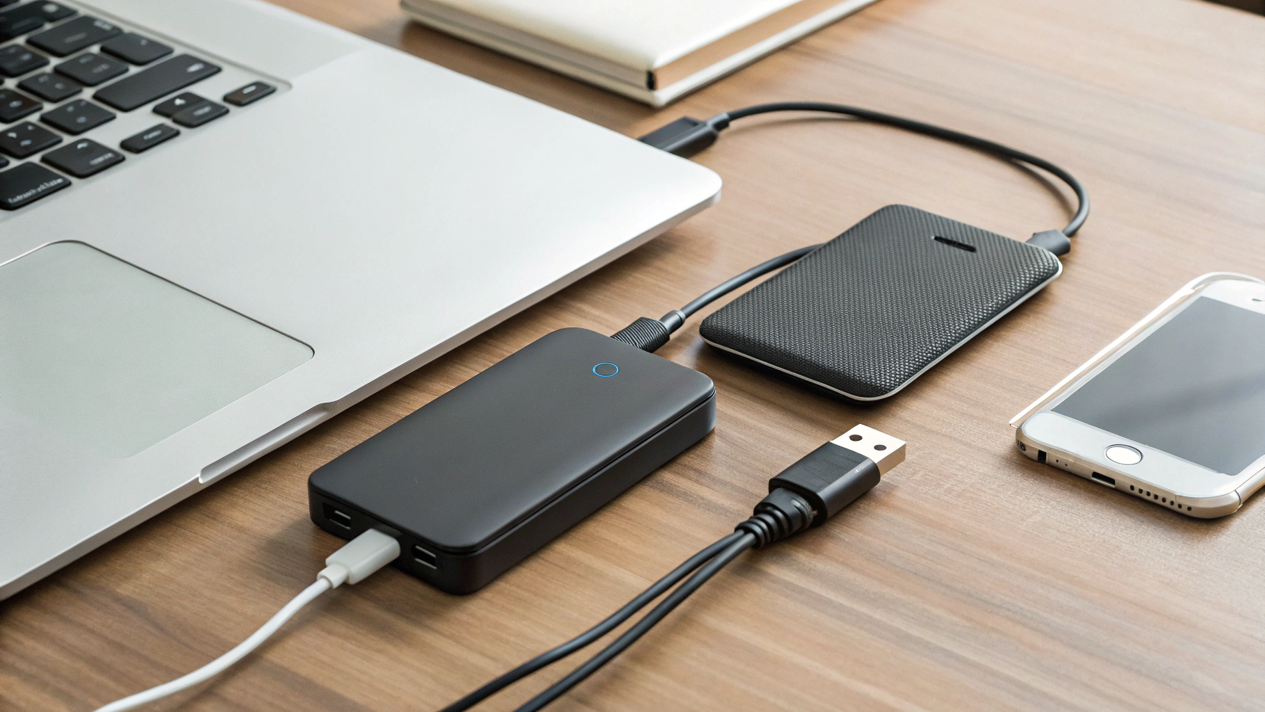 Схема бэкапов: iPhone, SSD A и SSD B, пауэрбанк и USB‑C хаб на столе