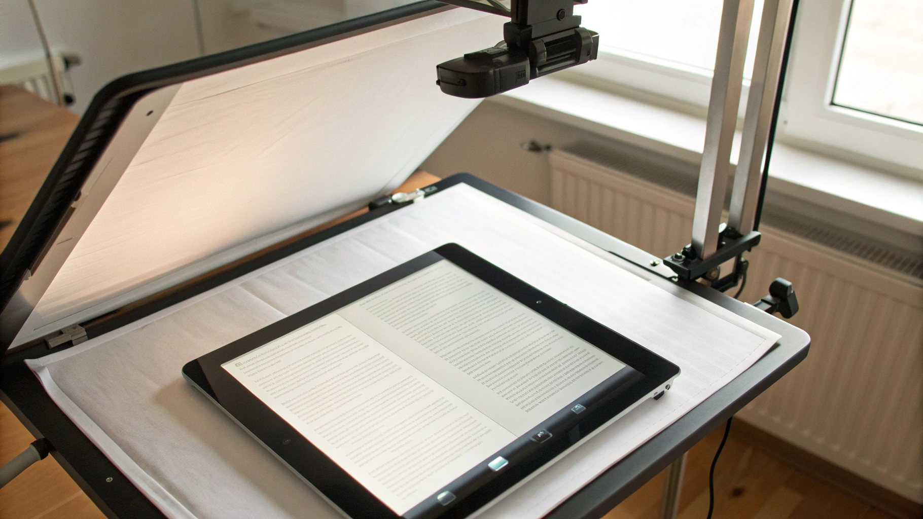 Вид сверху: iPad на стойке сканирует лист А4 при равномерном освещении
