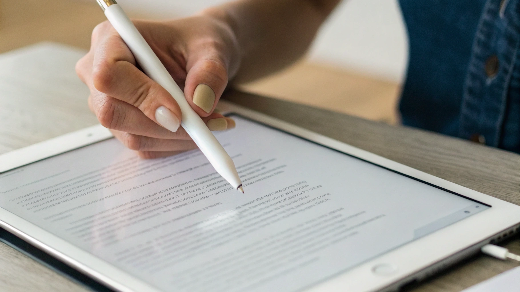 Крупный план: Apple Pencil ставит подпись на PDF на экране iPad