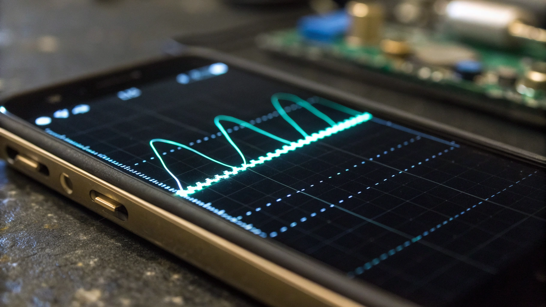 Осциллограф показывает ШИМ iPhone рядом с экраном с включённым HDR