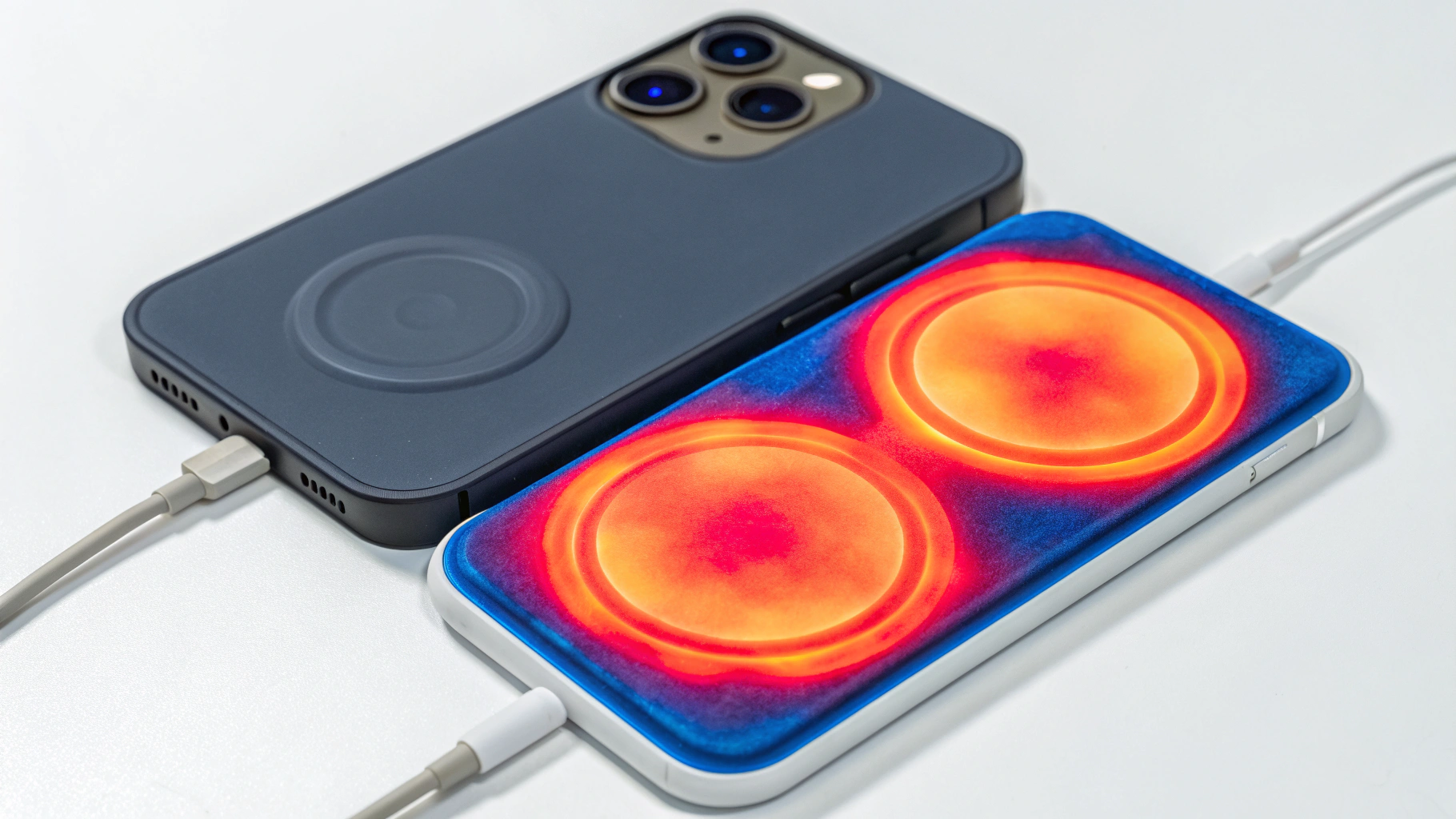 Тепловизионный снимок iPhone на площадках MagSafe и Qi2 с выделением нагрева катушек